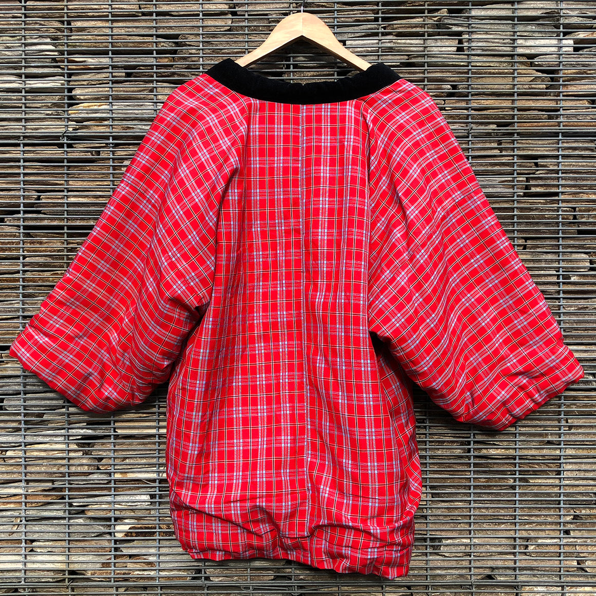Vintage Kimono Hanten Red Plaid Tartan Padded Quilted Winter Kimono Jacket - Front