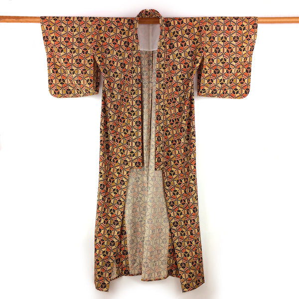 Vintage Japanese Kimono Silk Mix Kikko Mon Pattern Kimono - Front