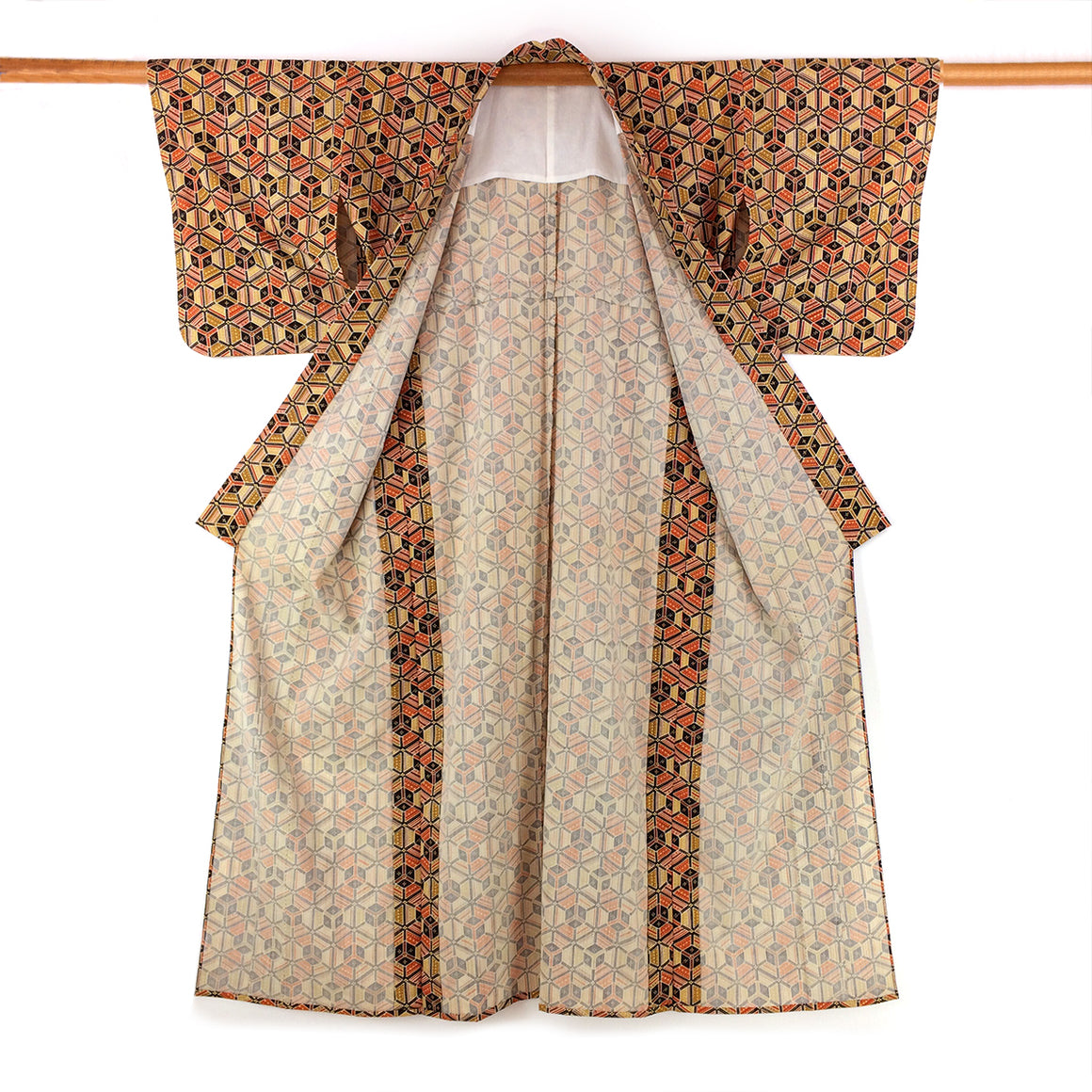 Vintage Japanese Kimono Silk Mix Kikko Mon Pattern Kimono - Front