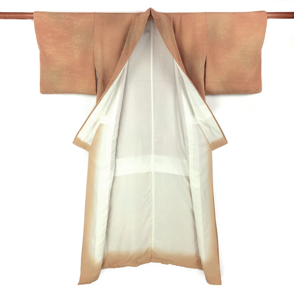 Vintage Japanese Kimono Pure Silk Peach Kawa River Pattern Embroidery Kimono - Front open