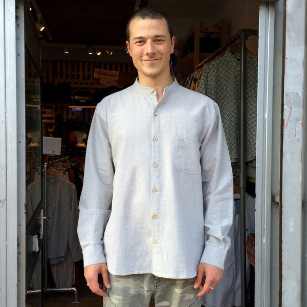 Alex in his Fairtrade Mandarin Collar Long Sleeve Nepalese Granddad Shirt