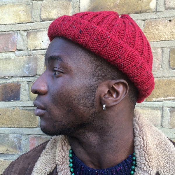 Wool Beanie Fisherman's Hat Gift for Him or Her Highland 2000 Chunky Knit Red Burgundy Unisex Cuffed Kilcarra Wool Bobcap