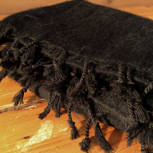 Handmade Nepalese 'Yak Wool' Shawl Charcoal Black Oversized Scarf / Yoga Blanket - Tassels Close Up