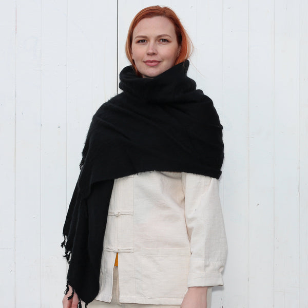 Handmade Nepalese 'Yak Wool' Shawl Charcoal Black Oversized Scarf / Yoga Blanket - worn as shawl