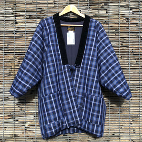 Vintage Kimono Hanten Blue Plaid Check Padded Quilted Kimono Jacket - Front
