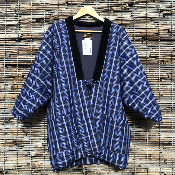 Vintage Kimono Hanten Blue Plaid Check Padded Quilted Kimono Jacket - Front