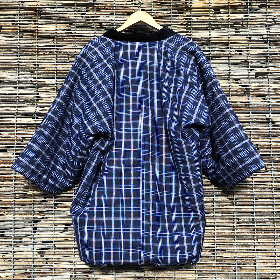 Vintage Kimono Hanten Blue Plaid Check Padded Quilted Kimono Jacket - Front