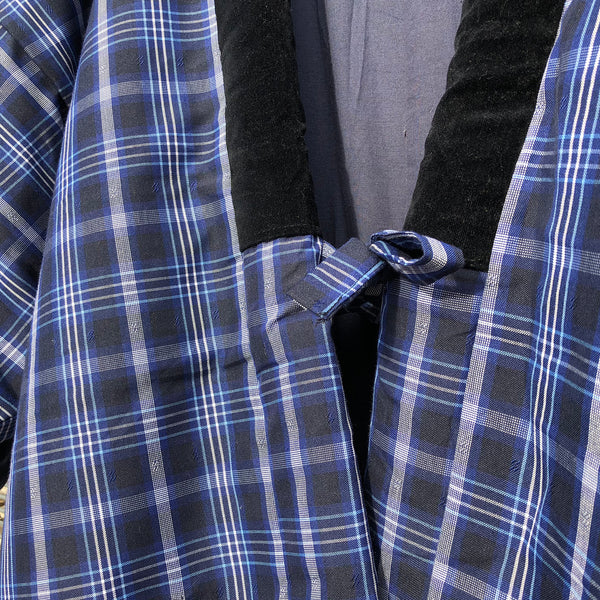 Vintage Kimono Hanten Blue Plaid Check Padded Quilted Kimono Jacket - Front Details