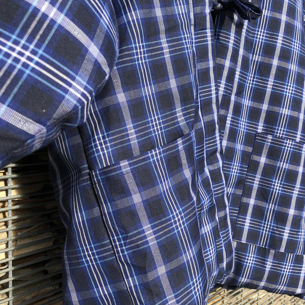 Vintage Kimono Hanten Blue Plaid Check Padded Quilted Kimono Jacket - Front Pockets