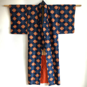 Vintage Japanese Kimono Pure Silk Fully Lined Blue & Orange Ikat Long Kimono - front