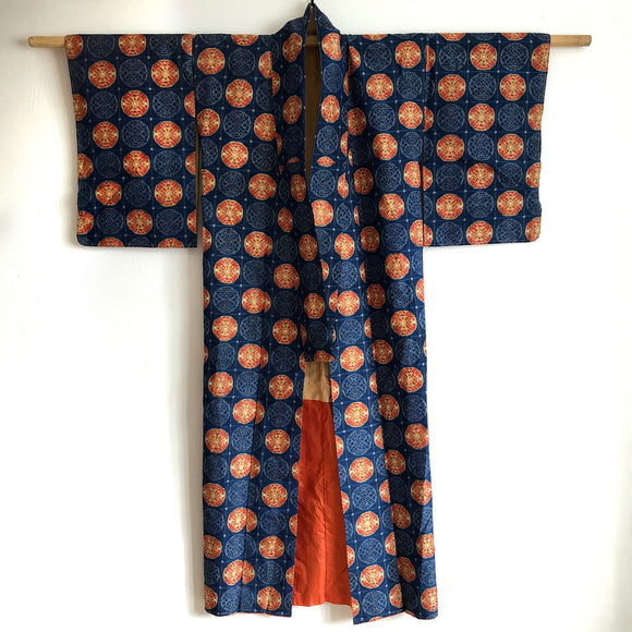 Vintage Japanese Kimono Pure Silk Fully Lined Blue & Orange Ikat Long Kimono - front