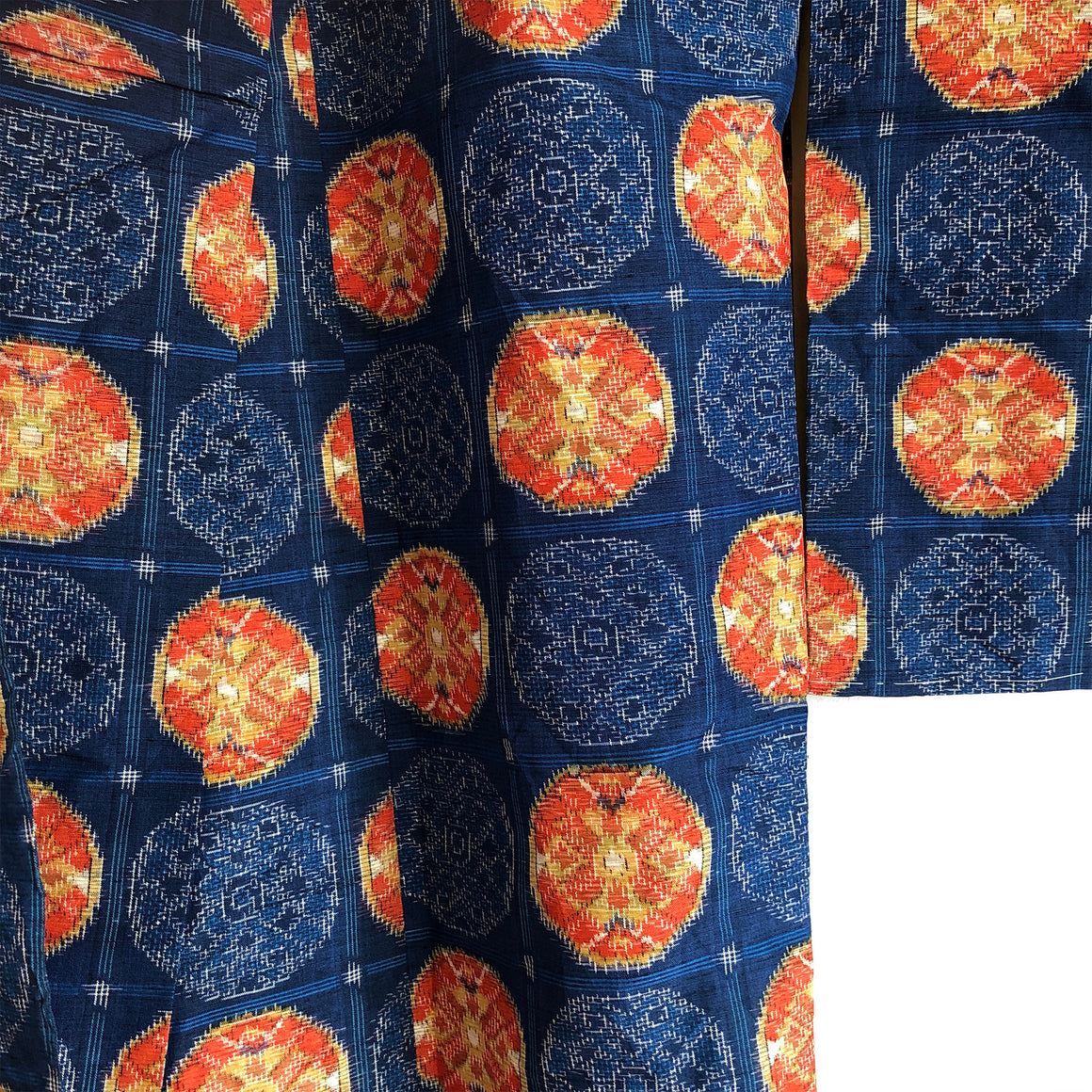 Vintage Japanese Kimono Pure Silk Fully Lined Blue & Orange Ikat Long Kimono - front