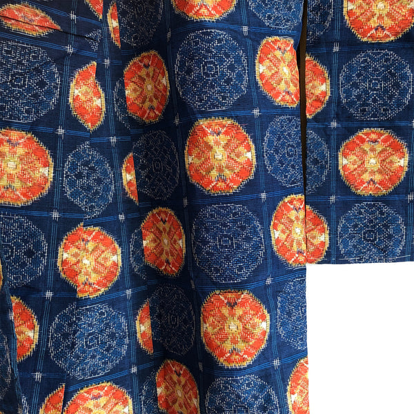 Vintage Japanese Kimono Pure Silk Fully Lined Blue & Orange Ikat Long Kimono - detail & tailor's tacking
