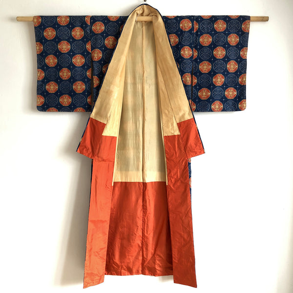 Vintage Japanese Kimono Pure Silk Fully Lined Blue & Orange Ikat Long Kimono - lining