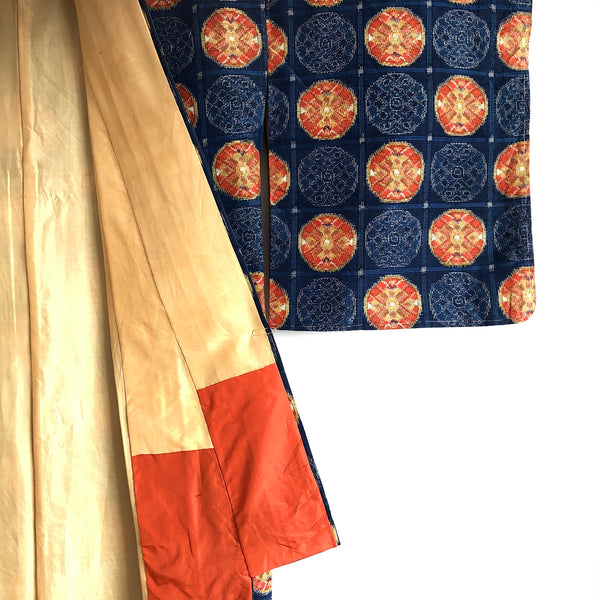 Vintage Japanese Kimono Pure Silk Fully Lined Blue & Orange Ikat Long Kimono - lining & sleeve