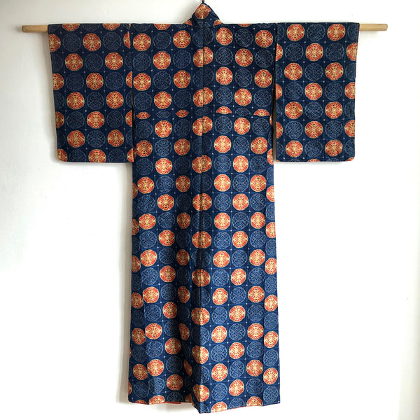 Vintage Japanese Kimono Pure Silk Fully Lined Blue & Orange Ikat Long Kimono - back
