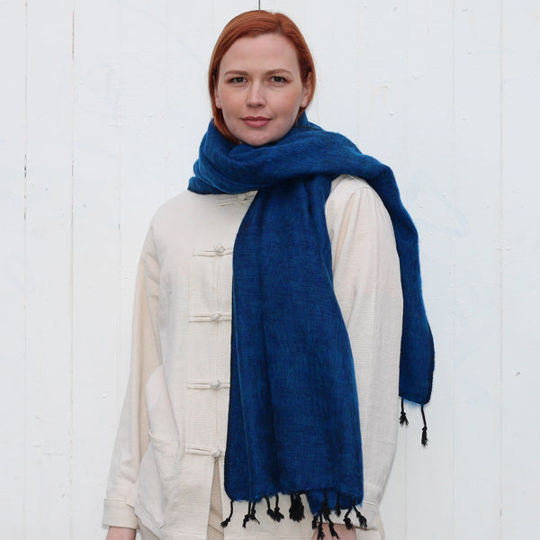 Handmade Nepalese 'Yak Wool' Shawl Aquamarine Blue Turquoise Oversized Scarf / Yoga Blanket - worn as scarf