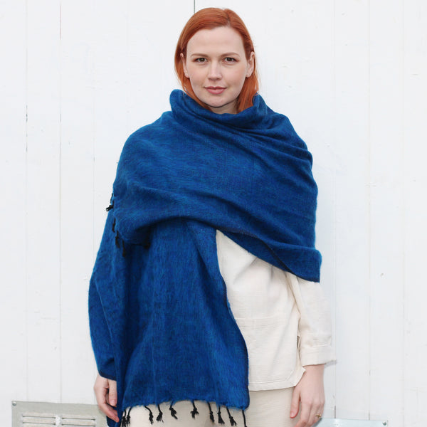 Handmade Nepalese 'Yak Wool' Shawl Aquamarine Blue Turquoise Oversized Scarf / Yoga Blanket - worn as shawl