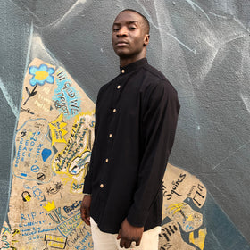 Mero Retro Thai Cotton Mandarin Collar Shirt - Black