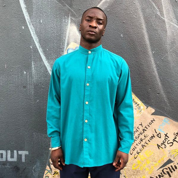 Mero Retro Thai Cotton Mandarin Collar Shirt - Teal