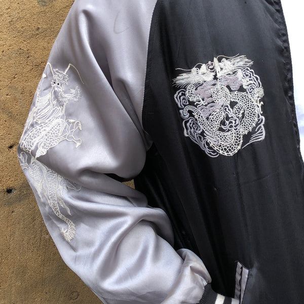 Vintage double dragon sukajan Japanese souvenir jacket - sleeve & chest detail