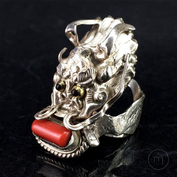 Nepalese Sterling Silver, Coral & Hematite Gemstone Dragon Ring