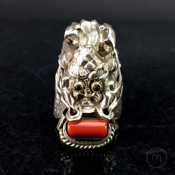 Nepalese Sterling Silver, Coral & Hematite Gemstone Dragon Ring - front