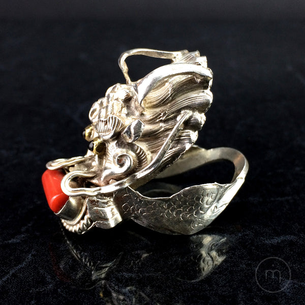 Nepalese Sterling Silver, Coral & Hematite Gemstone Dragon Ring - side view
