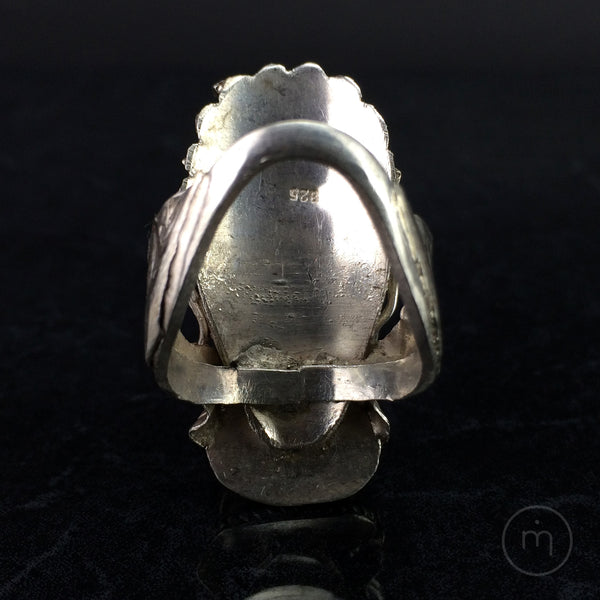 Nepalese Sterling Silver, Coral & Hematite Gemstone Dragon Ring - inside view