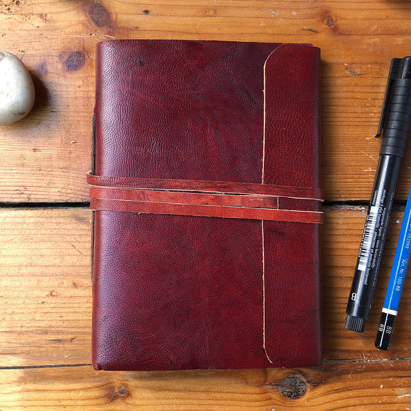 Fair Trade Leather Notebook with Folding Flap and Tie (Large) / Handmade Indian Leather Diary / Sketchbook / Journal - Small Front