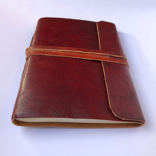 Fair Trade Leather Notebook with Folding Flap and Tie (Large) / Handmade Indian Leather Diary / Sketchbook / Journal - Small 3/4 view