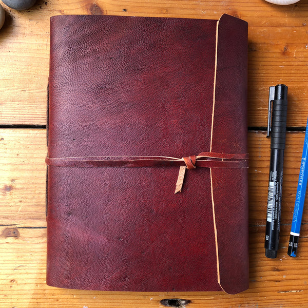 Fair Trade Leather Notebook with Folding Flap and Tie (Large) / Handmade Indian Leather Diary / Sketchbook / Journal - Large Front