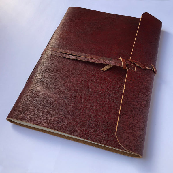 Fair Trade Leather Notebook with Folding Flap and Tie (Large) / Handmade Indian Leather Diary / Sketchbook / Journal - Large 3/4 view
