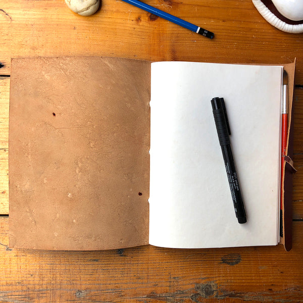 Fair Trade Leather Notebook with Folding Flap and Tie (Large) / Handmade Indian Leather Diary / Sketchbook / Journal - Large open