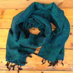 Handmade Nepalese 'Yak Wool' Shawl Jungle Trail Green-Blue Oversized Scarf / Yoga Blanket - front wrapped