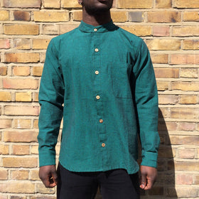Fairtrade Mandarin Collar Long Sleeve Nepalese Granddad Shirt - Green