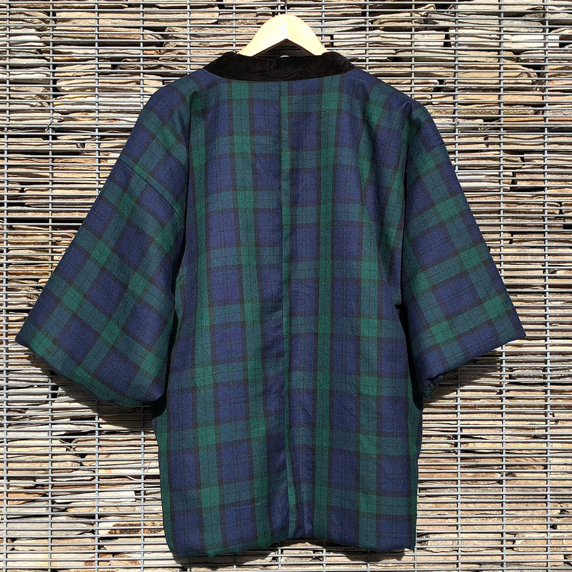 Vintage Kimono Hanten Green Plaid Tartan Padded Quilted Winter Kimono Jacket - Front