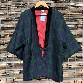 Vintage Kimono Hanten Green Plaid Tartan Padded Quilted Winter Kimono Jacket - Front