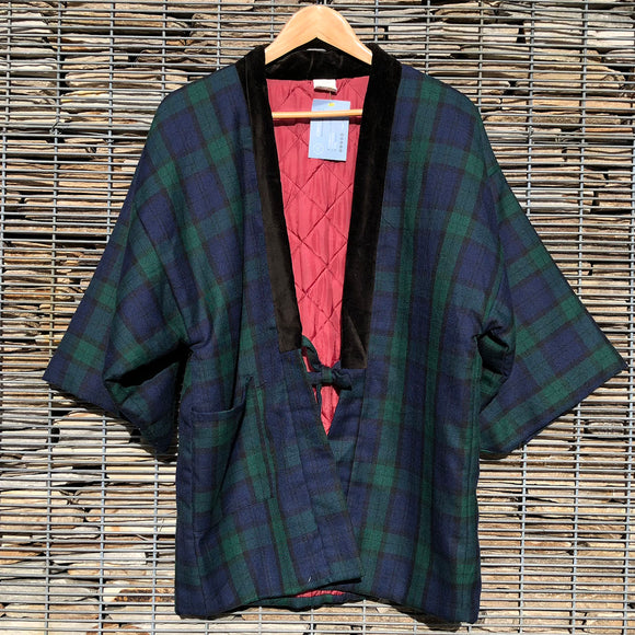 Vintage Kimono Hanten Green Plaid Tartan Padded Quilted Winter Kimono Jacket - Front