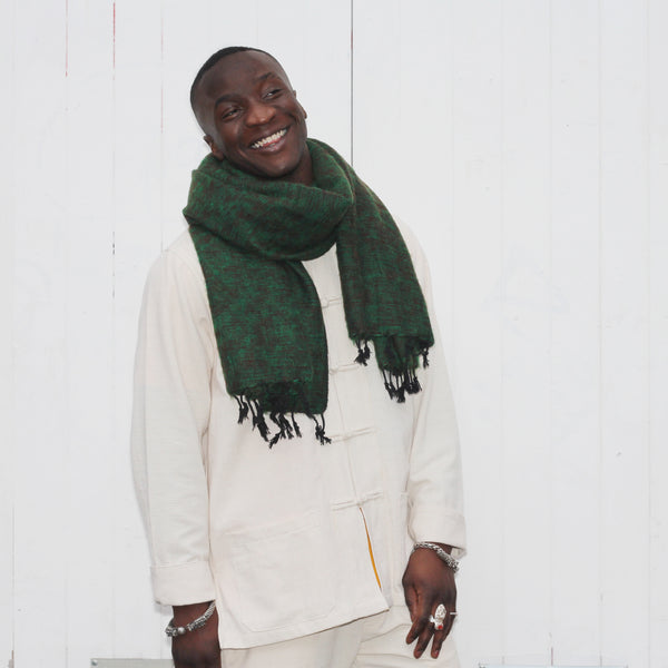 Handmade Nepalese 'Yak Wool' Shawl Deep Forest Green-Brown Oversized Scarf / Yoga Blanket - worn as scarf