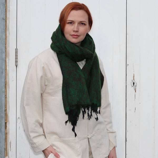Handmade Nepalese 'Yak Wool' Shawl Deep Forest Green-Brown Oversized Scarf / Yoga Blanket - worn as scarf