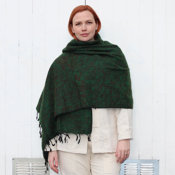 Handmade Nepalese 'Yak Wool' Shawl Deep Forest Green-Brown Oversized Scarf / Yoga Blanket - worn as shawl