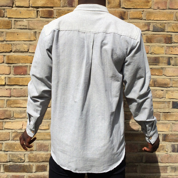 Fairtrade Mandarin Collar Long Sleeve Nepalese Granddad Shirt - Light Blue-Grey Back