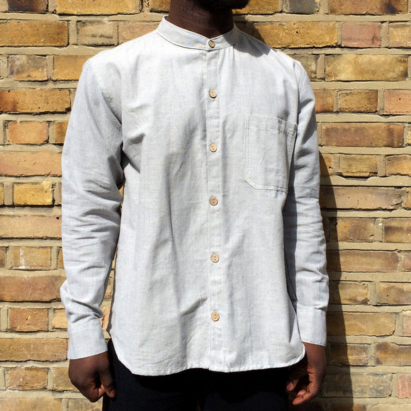 Fairtrade Mandarin Collar Long Sleeve Nepalese Granddad Shirt - Light Blue-Grey