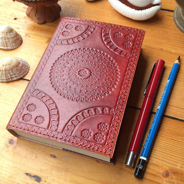 Fair Trade Leather Notebook with embossed Mandala design / Handmade Indian Leather Diary / Sketchbook / Journal - on desk with pens