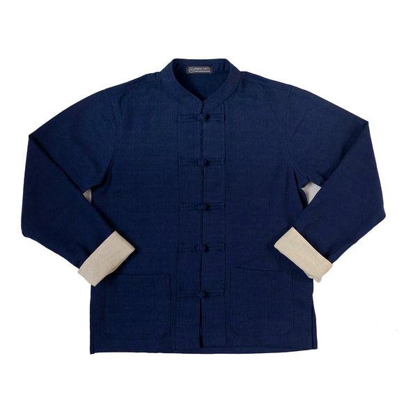 Unisex Fairtrade navy ribbed cotton mandarin jacket - front flat