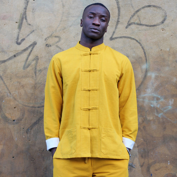Unisex yellow ribbed cotton mandarin jacket & cotton shing mai trousers set