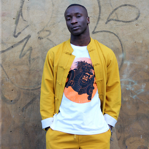 Unisex yellow ribbed cotton mandarin jacket with White Thunder Dragon T-shirt and yellow shing mai trousers set