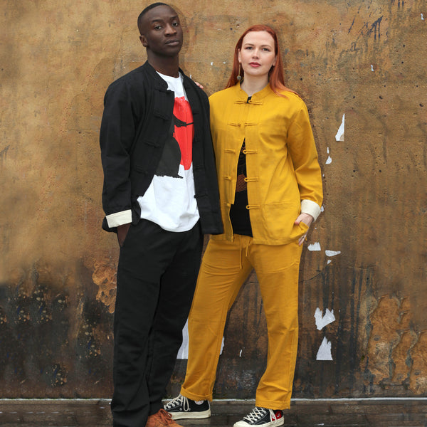 Unisex black and yellow ribbed cotton mandarin jacket and shing mai trousers sets