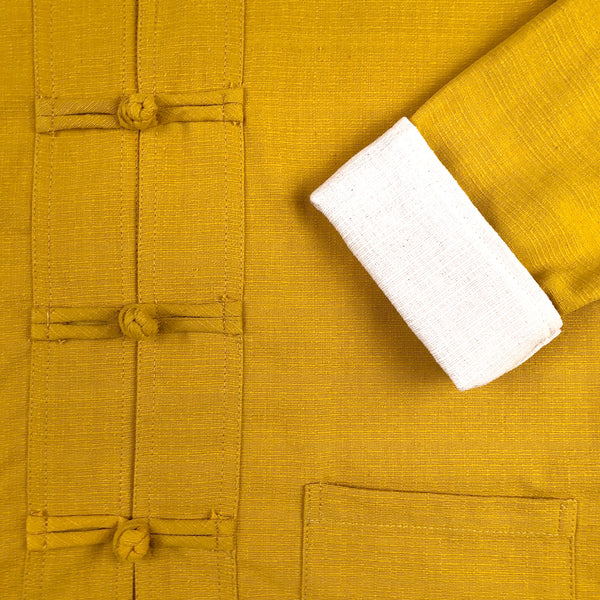 Unisex yellow ribbed cotton mandarin jacket cuff folded up